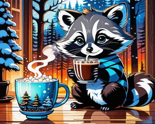 Raccoon With Coffee 5D Diamond Painting