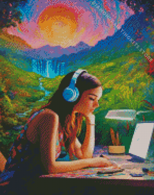 Woman Listening to Music 5D Diamond Painting