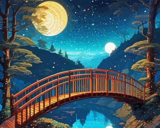 Wooden Bridge Landscape Night 5D Diamond Painting