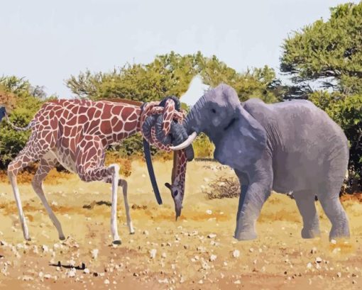 Elephant Giraffe Fight 5D Diamond Painting