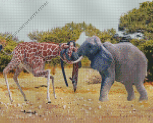 Elephant Giraffe Fight 5D Diamond Painting