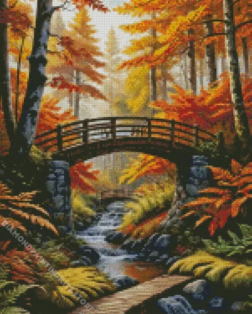 Autumn Wooden Bridge Landscape 5D Diamond Painting