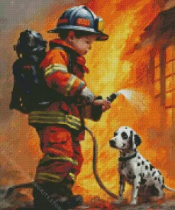 Fire Fighter Boy And Dog 5D Diamond Painting