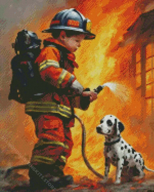 Fire Fighter Boy And Dog 5D Diamond Painting