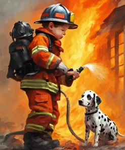 Fire Fighter Boy And Dog 5D Diamond Painting