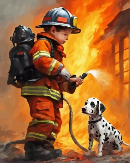 Fire Fighter Boy And Dog 5D Diamond Painting