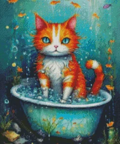 Orange Cat Taking Bath 5D Diamond Painting