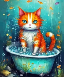 Orange Cat Taking Bath 5D Diamond Painting