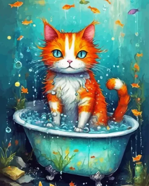 Orange Cat Taking Bath 5D Diamond Painting