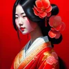 Beautifull Japanese Girl And Red Flowers 5D Diamond Painting