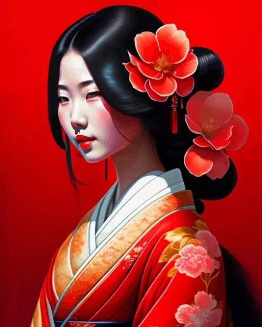 Beautifull Japanese Girl And Red Flowers 5D Diamond Painting