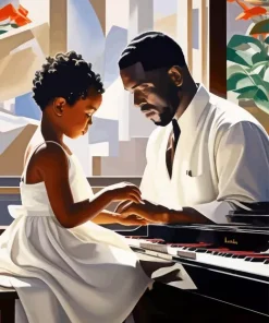 Black Father And Child Playing Piano 5D Diamond Painting