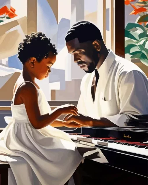 Black Father And Child Playing Piano 5D Diamond Painting