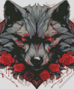 Black Wolf Head With Roses 5D Diamond Painting