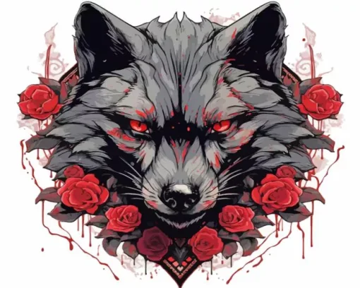 Black Wolf Head With Roses 5D Diamond Painting