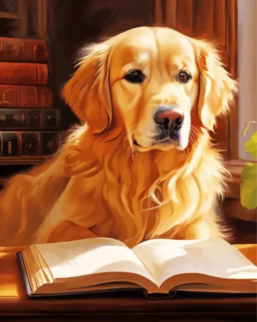 Blonde Labrador Reading Book 5D Diamond Painting