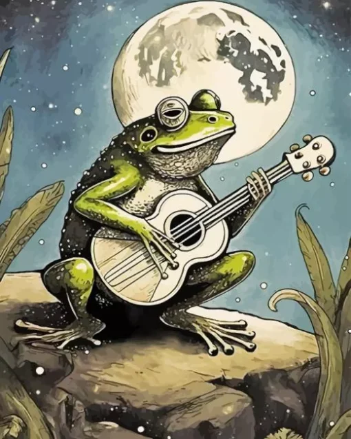 Frog Playing Guitar Under Moon 5D Diamond Painting