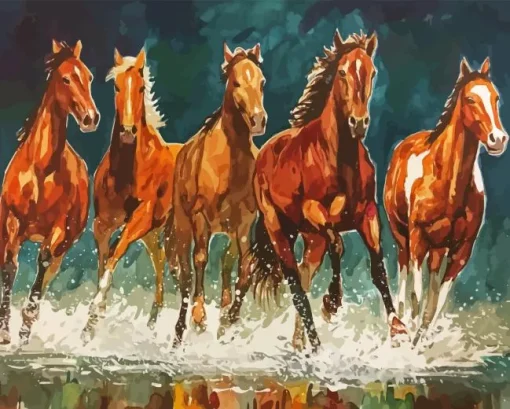 Horses Running In Water Art 5D Diamond Painting