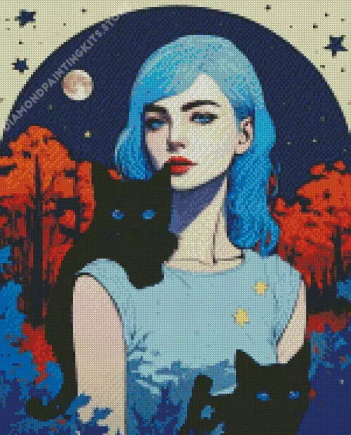 Lady With Blue Eyed Black Cats 5D Diamond Painting