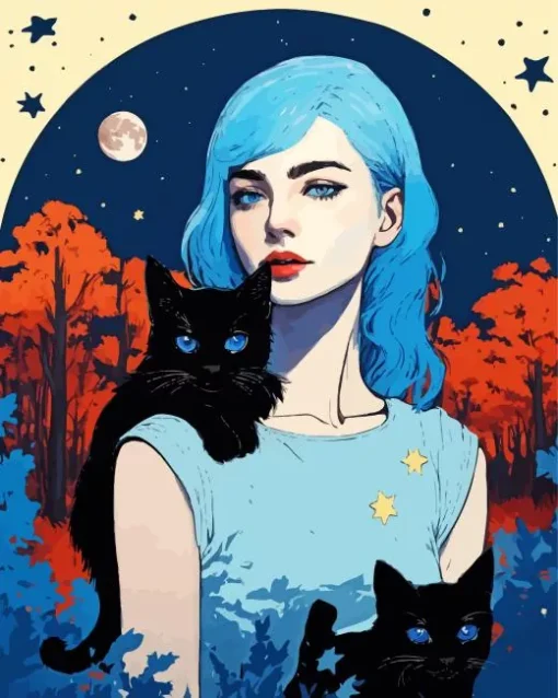 Lady With Blue Eyed Black Cats 5D Diamond Painting