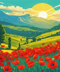 Red Poppy Flowers And Sun 5D Diamond Painting