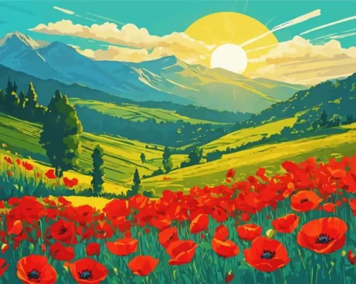 Red Poppy Flowers And Sun 5D Diamond Painting