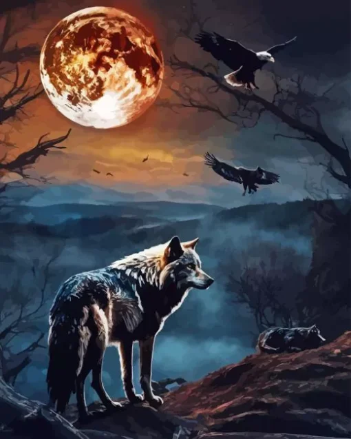 Wolf And Eagles Moon 5D Diamond Painting