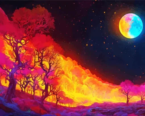 Neon Glowing Full Moon Landscape 5D Diamond Painting