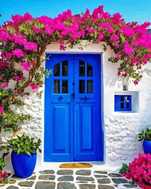 Blue Door Flowers 5D Diamond Painting