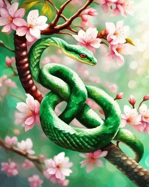 Green Snake on branch Diamond By Numbers Green Snake On Branch 5D Diamond Painting