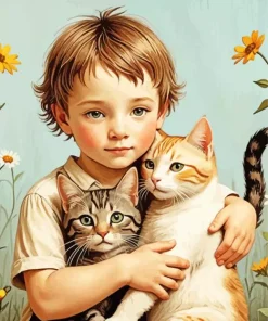 Boy Hugging Cats 5D Diamond Painting