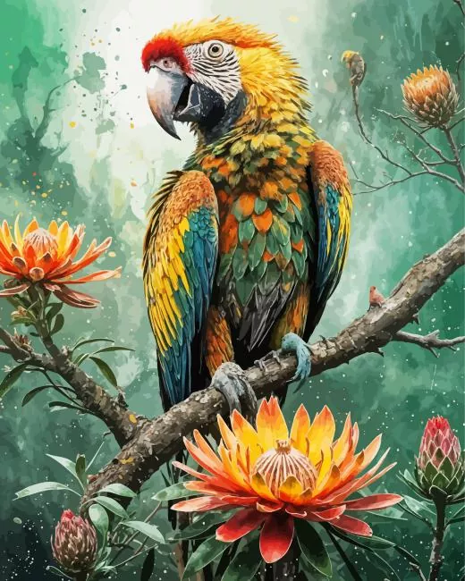 parrot and flowers branch Diamond With Numbers Parrot And Flowers Branch 5D Diamond Painting