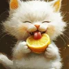 White Funny Cat Eating 5D Diamond Painting