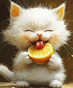 White Funny Cat Eating 5D Diamond Painting