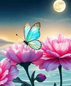 Blue Butterfly On Pink Flower 5D Diamond Painting