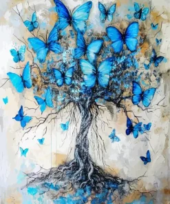 Blue Butterfly Tree Art 5D Diamond Painting