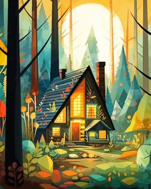 Illustration Cabin In Forest Diamond By Numbers Illustration Cabin In Forest 5D Diamond Painting