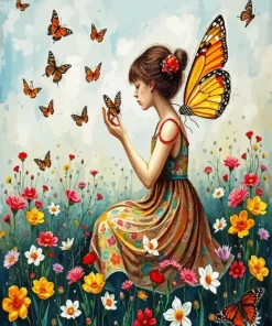 Butterfly Girl In Flowers Meadow 5D Diamond Painting