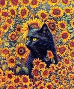 Black Cat And Sunflowers 5D Diamond Painting