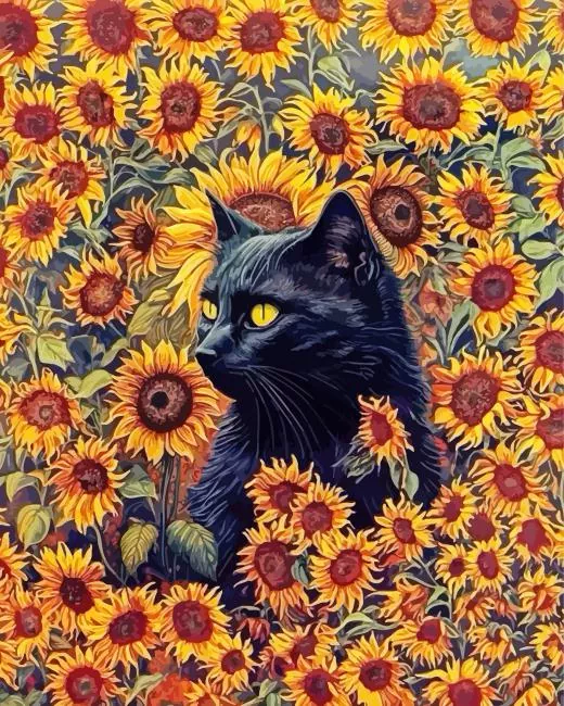 Black cat and sunflowers Diamond Paintings Black Cat And Sunflowers 5D Diamond Painting