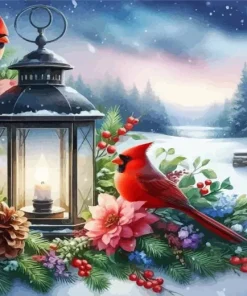 Cardinals And Lantern 5D Diamond Painting