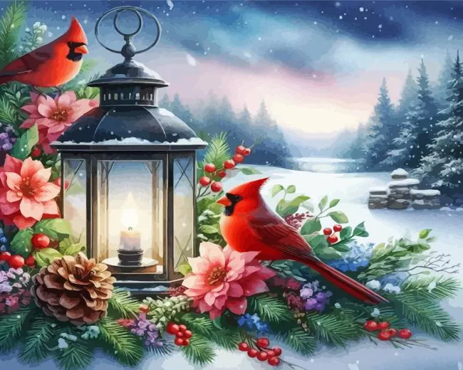 Cardinals and lantern Diamond Paintings Cardinals And Lantern 5D Diamond Painting