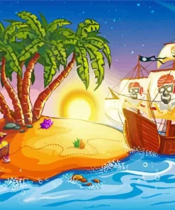 Cartoon Pirate Ship And Treasure Island 5D Diamond Painting