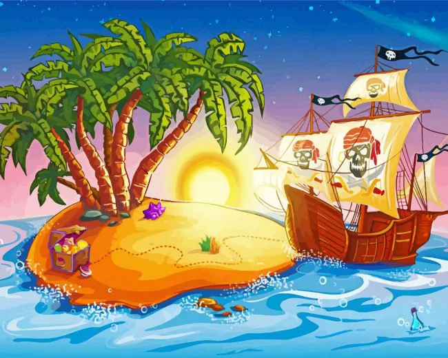 Cartoon pirate ship and treasure island Diamond Paintings Cartoon Pirate Ship And Treasure Island 5D Diamond Painting