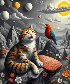 Cat And Parrot Bird 5D Diamond Painting