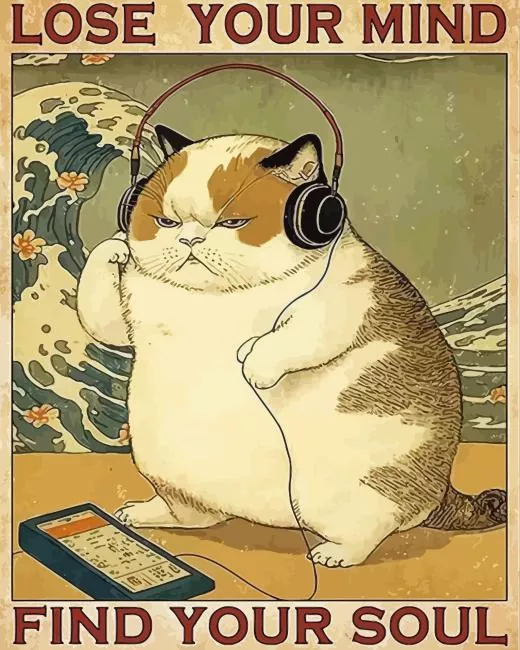 Cat listening to music poster Diamond By Numbers Cat Listening To Music Poster 5D Diamond Painting