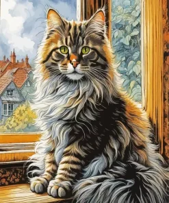 Fluffy Cat By Window 5D Diamond Painting
