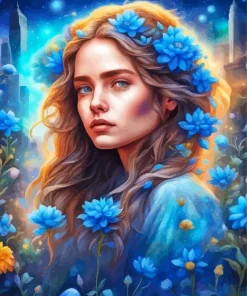 Aesthetic Girl With Blue Flowers Art 5D Diamond Painting