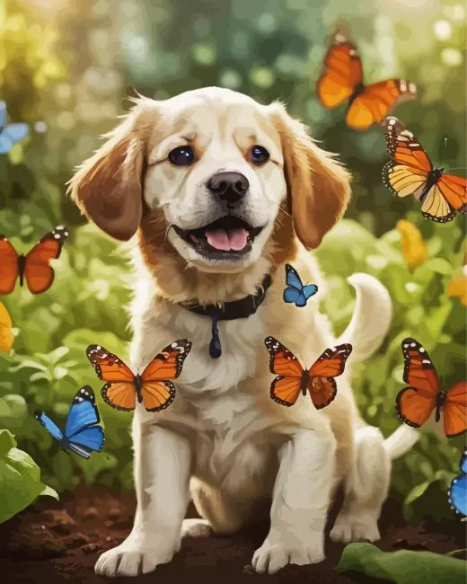baby dog and butterflies Diamond By Numbers Baby Dog And Butterflies 5D Diamond Painting