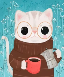 Cartoon Cat Drinking Coffee 5D Diamond Painting